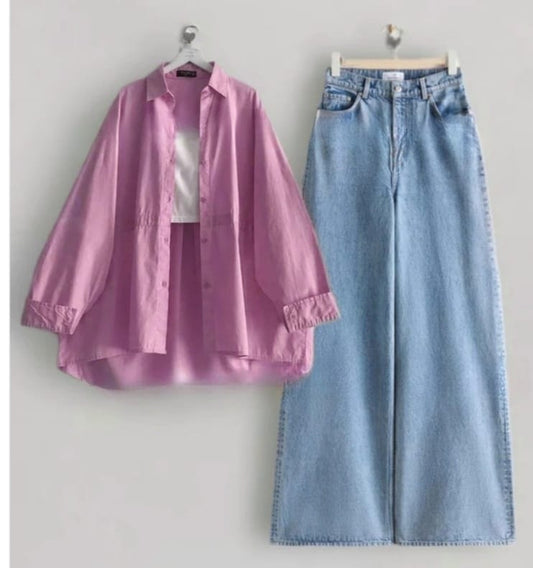 Button Down Shirt & Wide Leg Jeans