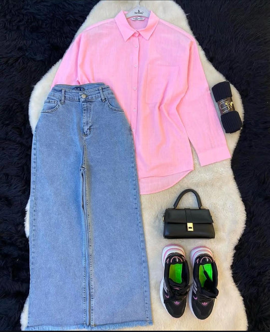 Button Down Shirt & Wide Leg Jeans