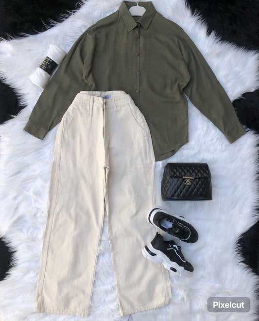 Button Down Shirt & Wide Leg Jeans